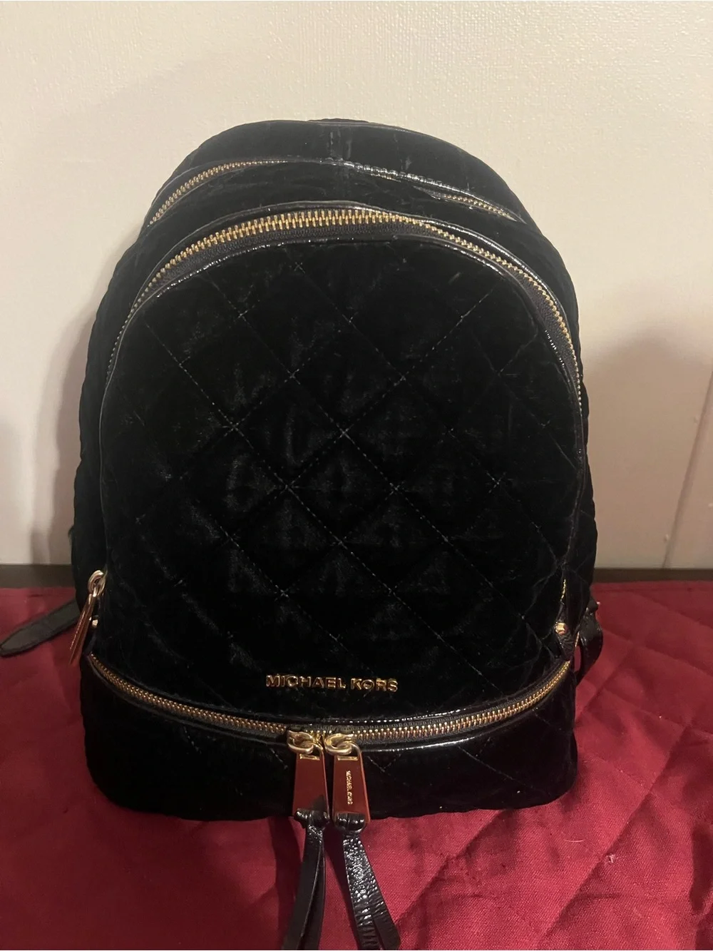 Michael Kors Black Quilted Velvet Mini Backpack with Gold Hardware